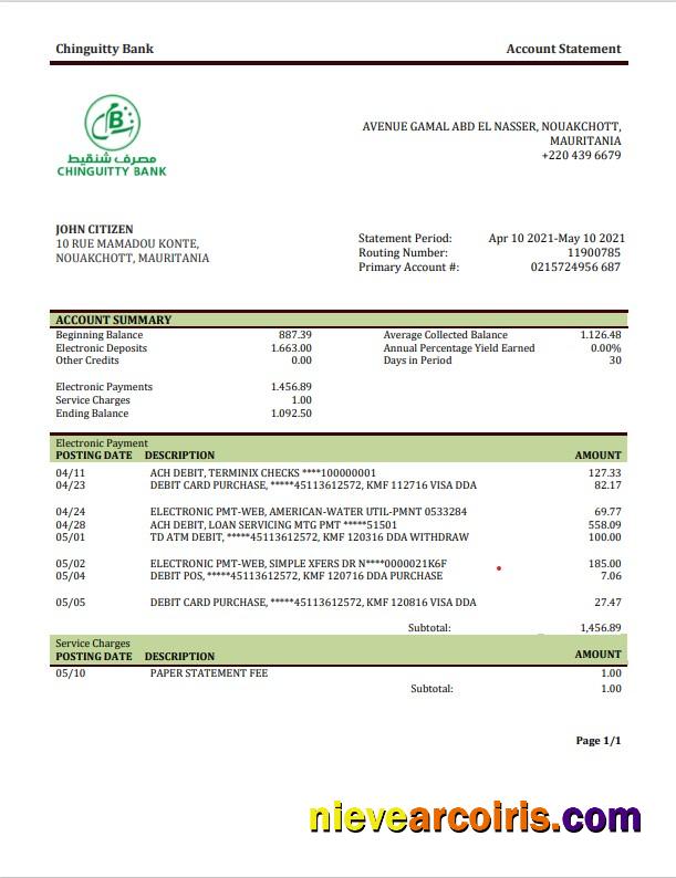 Mauritania Chinguitty bank statement in Word and PDF format